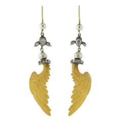 Late Victorian Pearl Diamond Mixed Metals Yellow Gold Wing Earrings