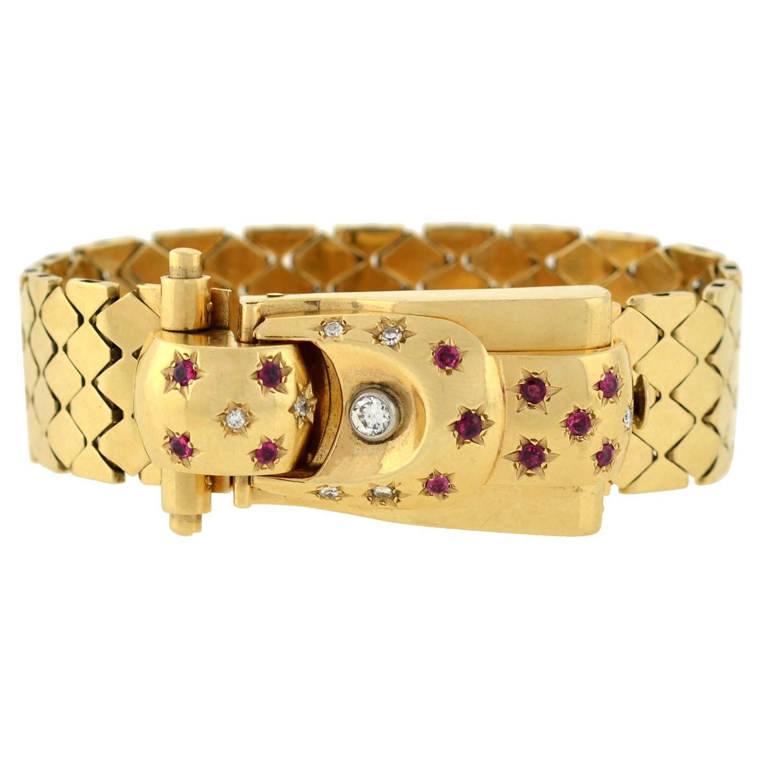 Retro Yellow Gold Diamond Ruby Buckle Bracelet Wristwatch