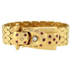Retro Yellow Gold Diamond Ruby Buckle Bracelet Wristwatch 11