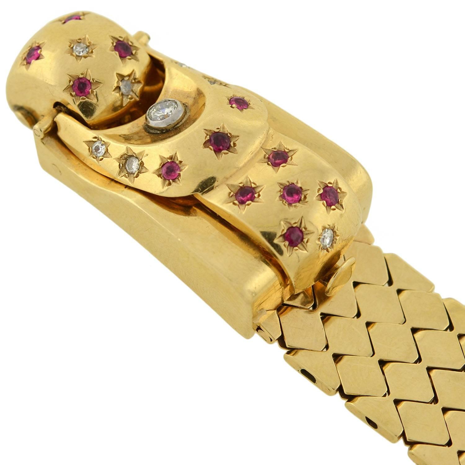Retro Yellow Gold Diamond Ruby Buckle Bracelet Wristwatch In Excellent Condition In Narberth, PA