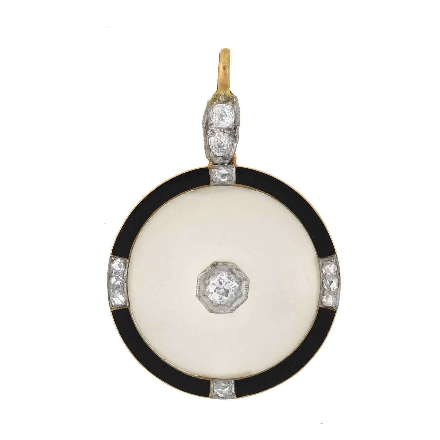 Art Deco Rock Crystal Diamond Yellow Gold Platinum Enameled Pendant