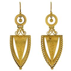 Victorian Yellow Gold Etruscan Earrings and Pin Set in Original Box