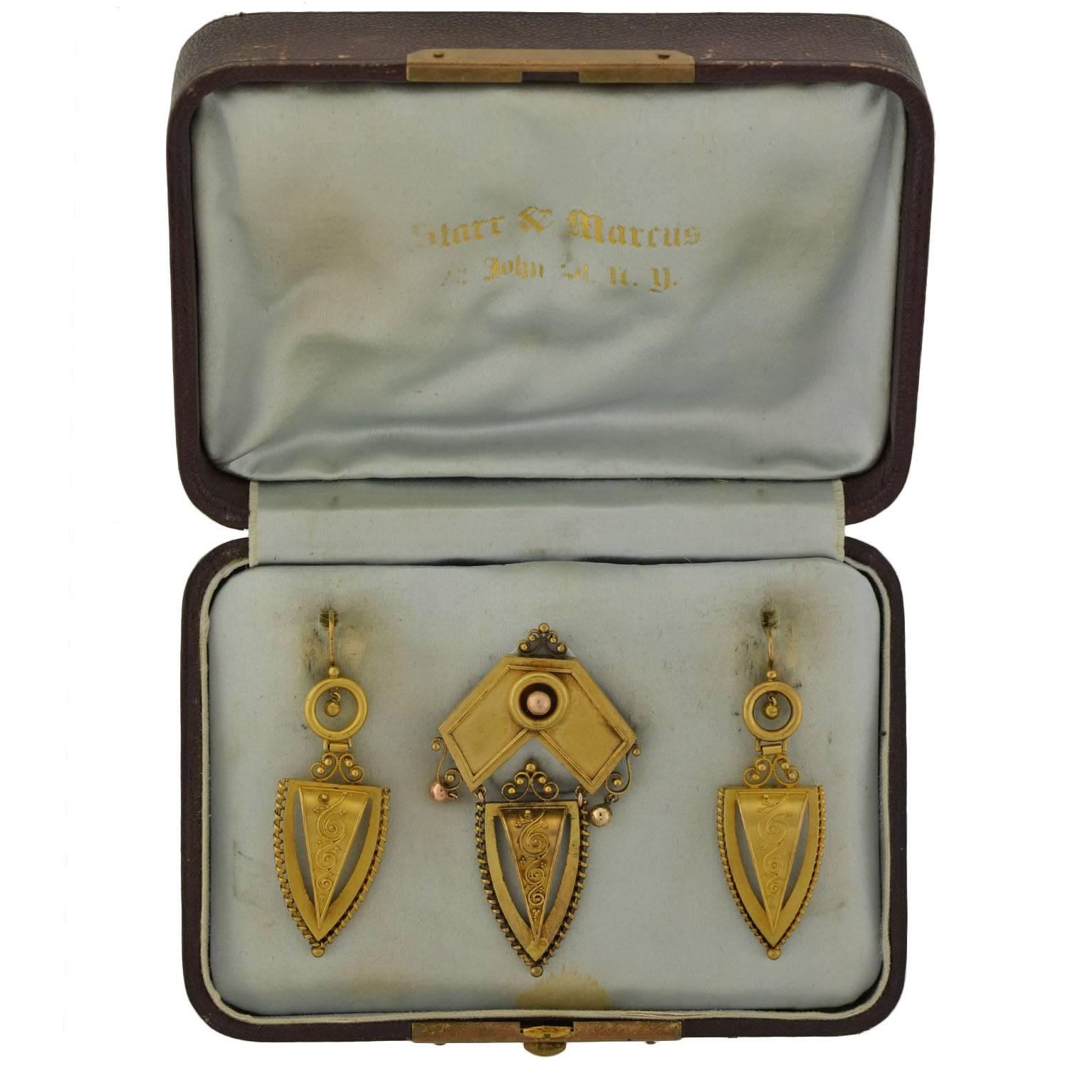 Victorian Yellow Gold Etruscan Earrings and Pin Set in Original Box 1