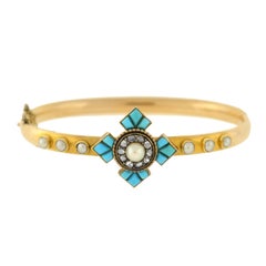 Antique Victorian Persian Turquoise Rose Cut Diamond Pearl Gold Bangle Bracelet