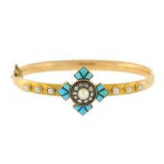 Victorian Persian Turquoise Rose Cut Diamond Pearl Gold Bangle Bracelet 2