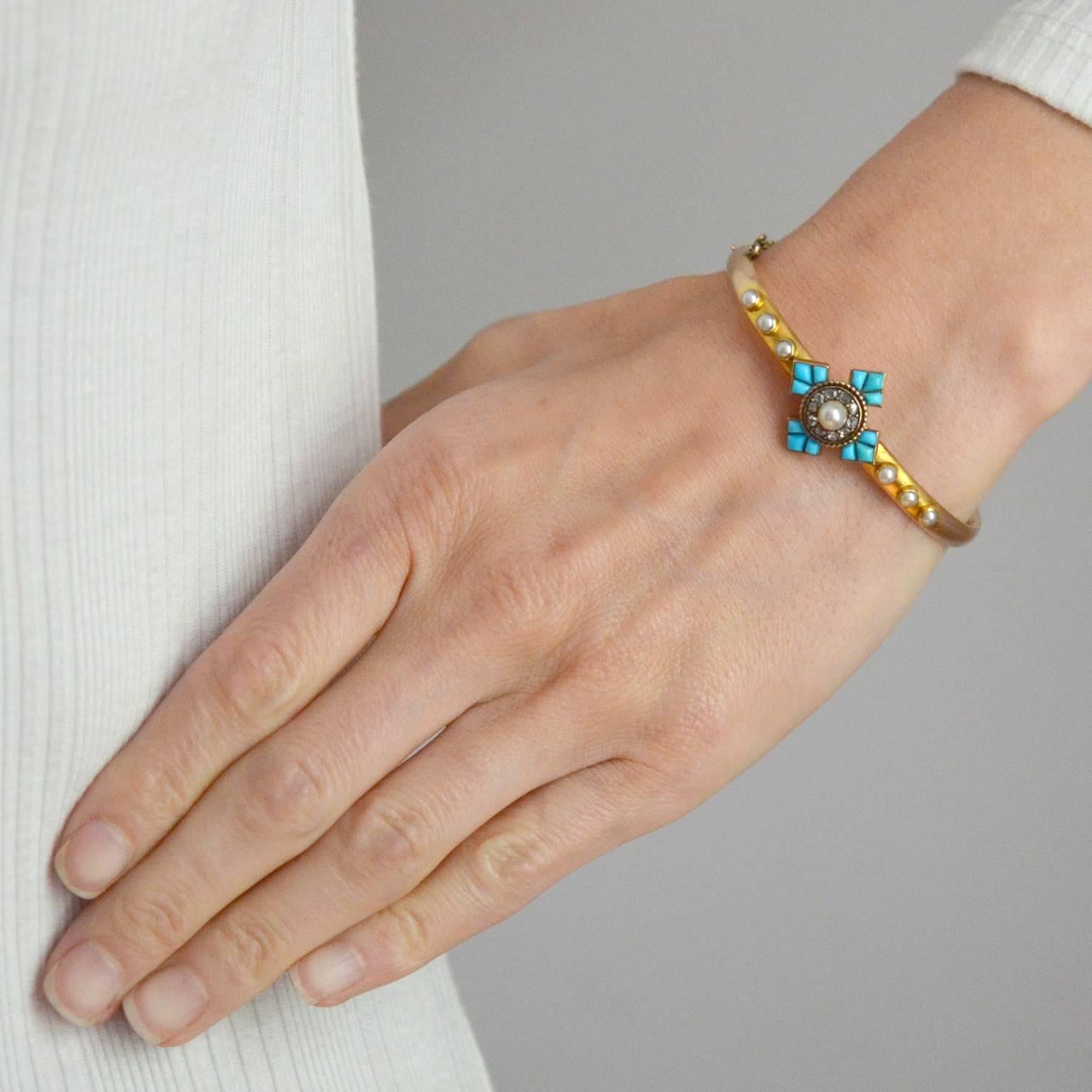 Women's Victorian Persian Turquoise Rose Cut Diamond Pearl Gold Bangle Bracelet