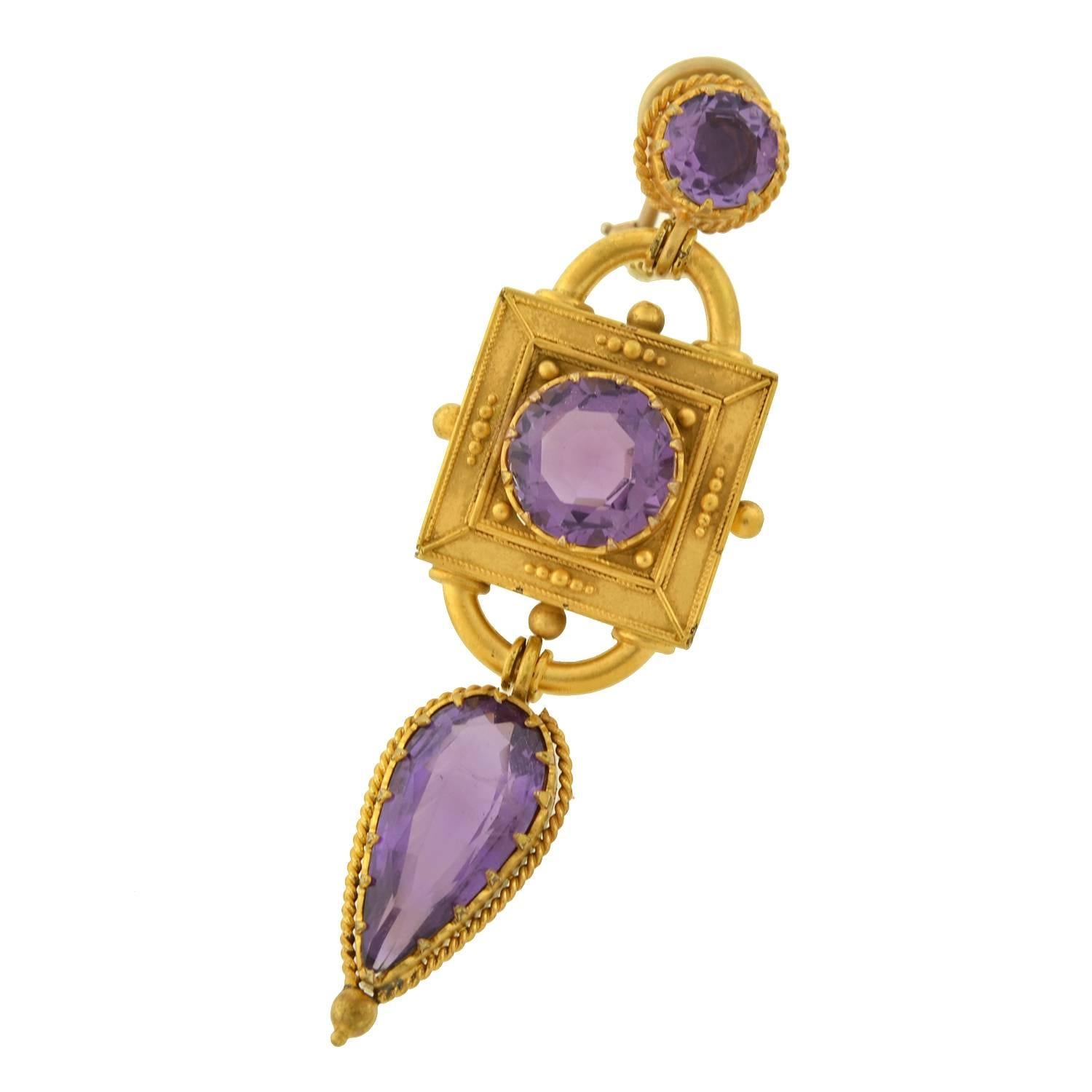 Victorian Dramatic Amethyst Gold Earrings In Excellent Condition In Narberth, PA