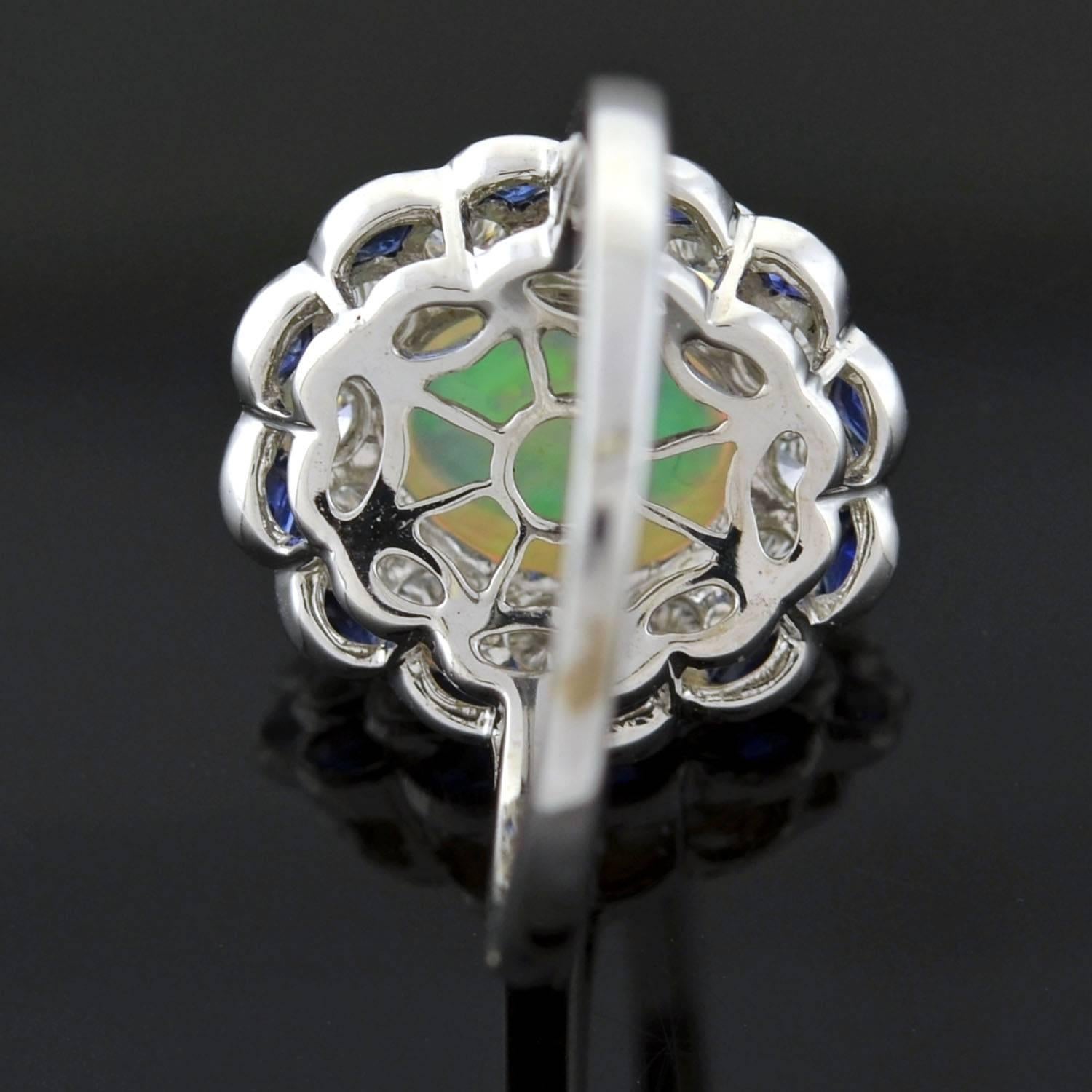 Women's Contemporary Opal Sapphire Diamond White Gold Ring
