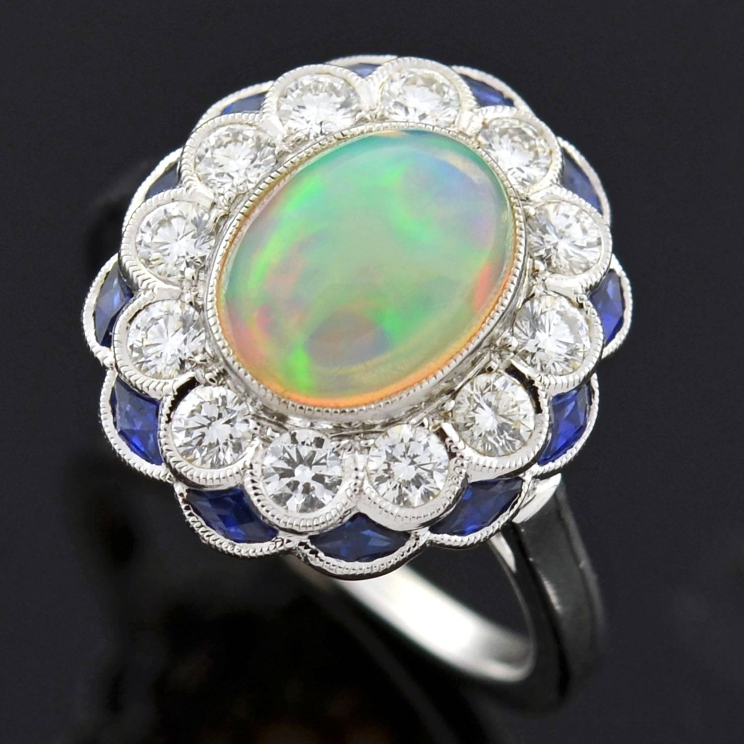 Contemporary Opal Sapphire Diamond White Gold Ring In Excellent Condition In Narberth, PA