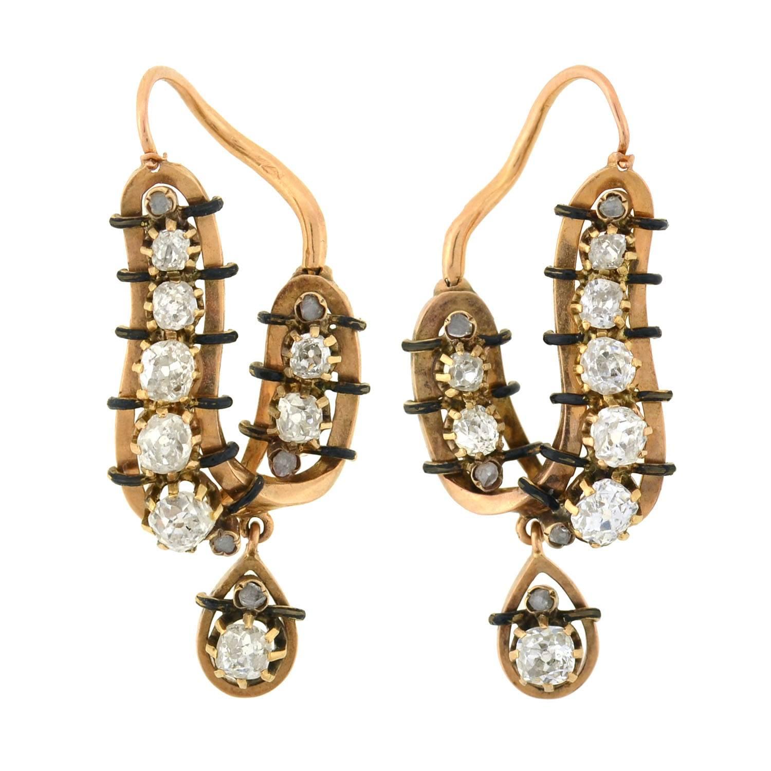 Victorian French Enamel Diamond Gold Curved Hoop Earrings