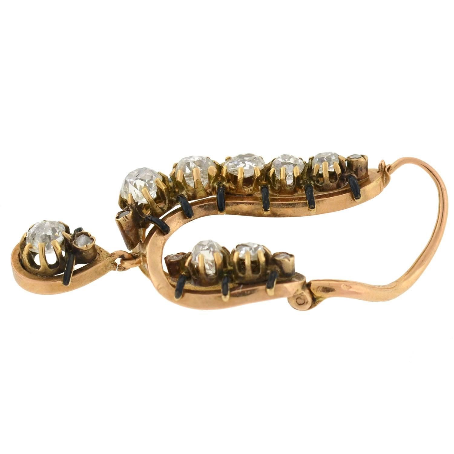 Women's Victorian French Enamel Diamond Gold Curved Hoop Earrings