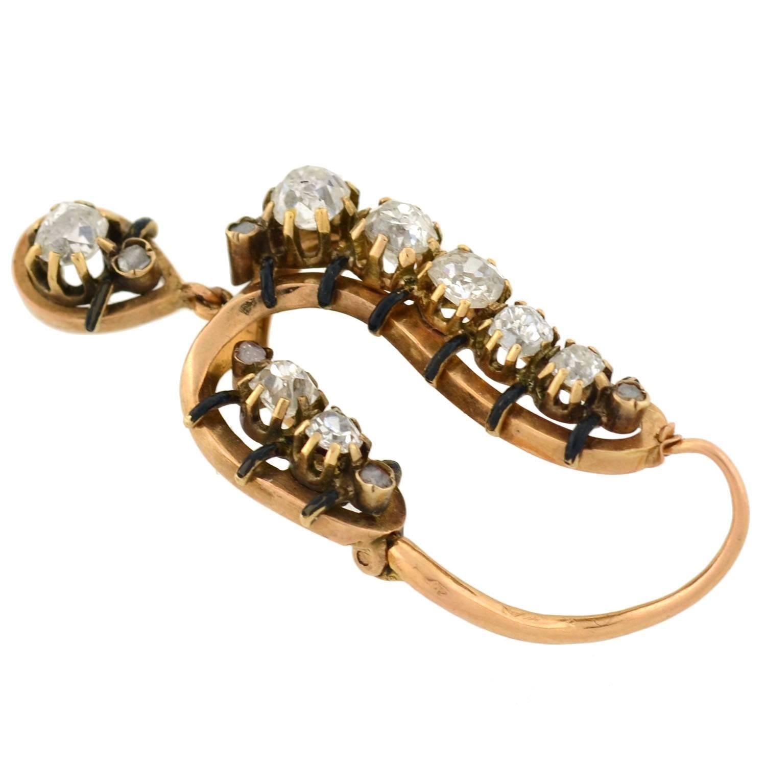 Victorian French Enamel Diamond Gold Curved Hoop Earrings 1
