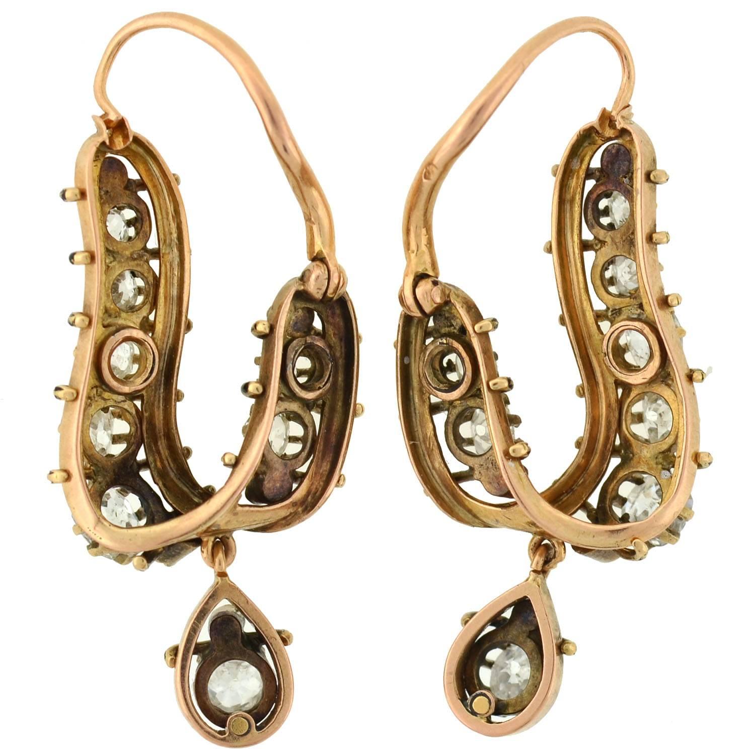 Victorian French Enamel Diamond Gold Curved Hoop Earrings 2