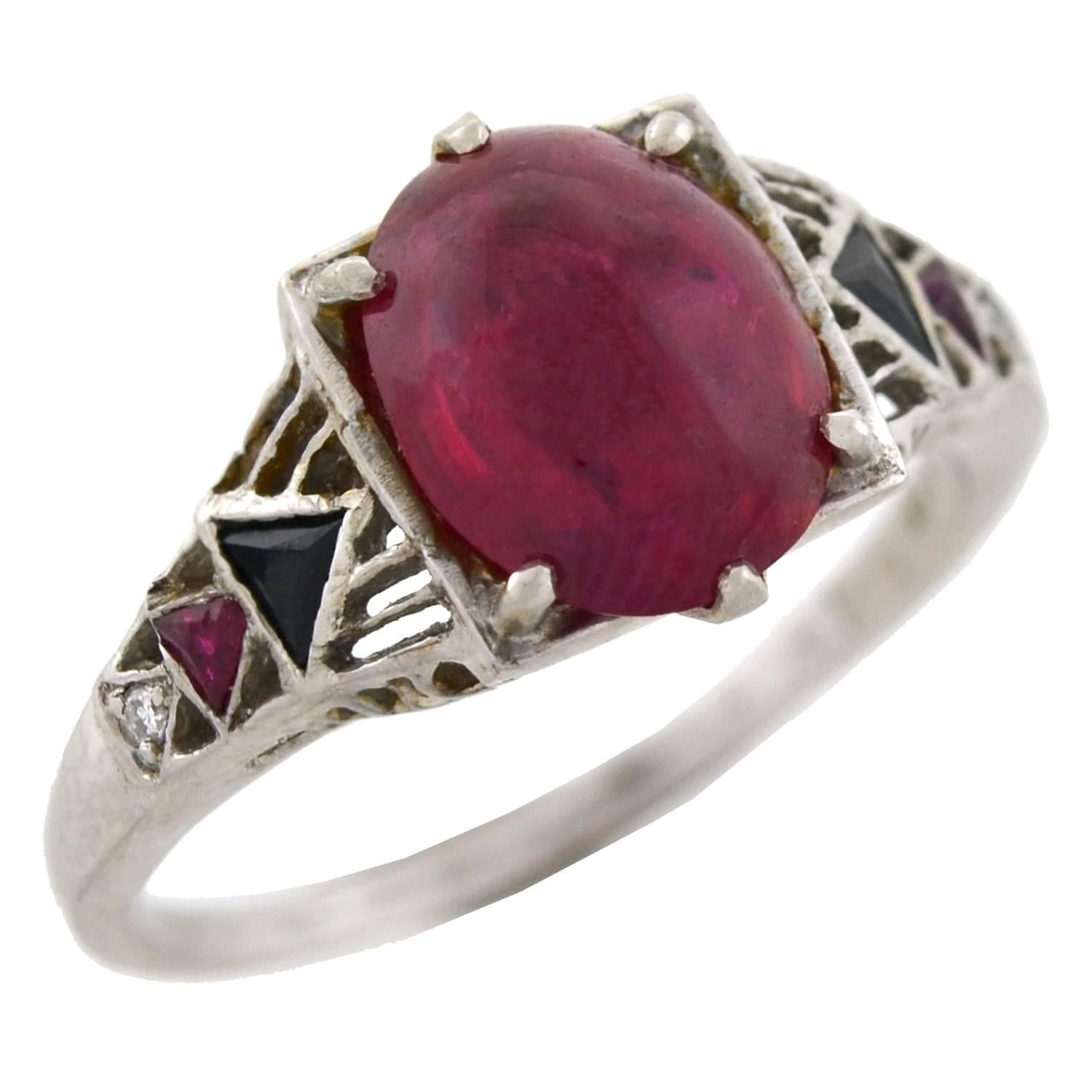 Women's Art Deco GIA Certified 3.50 Carat Natural Ruby Cabochon, Onyx, and Diamond Ring