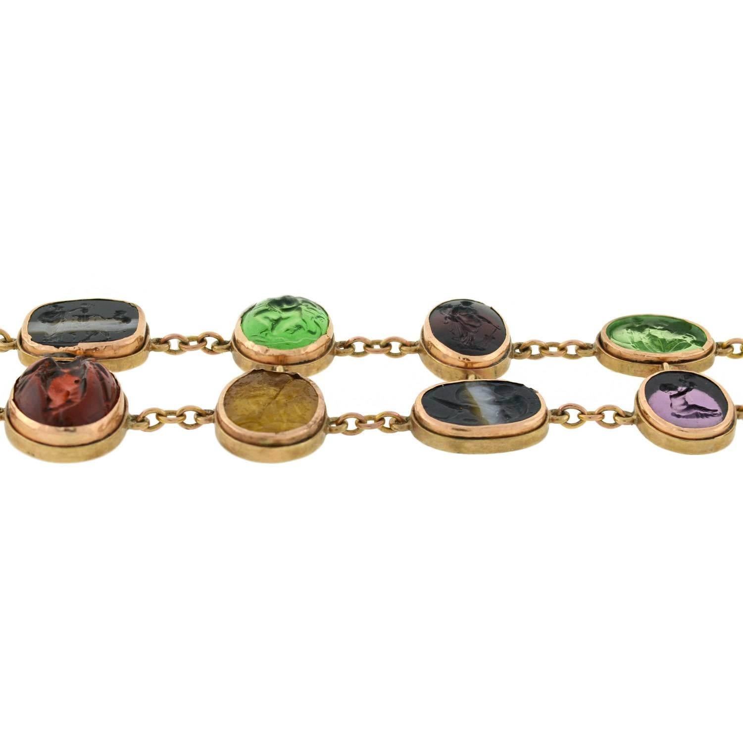 Women's Early Victorian Glass Tassie and Agate Intaglio Link Bracelet in Original Box For Sale