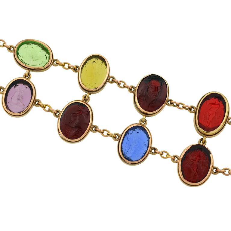 Early Victorian Glass Tassie and Agate Intaglio Link Bracelet in