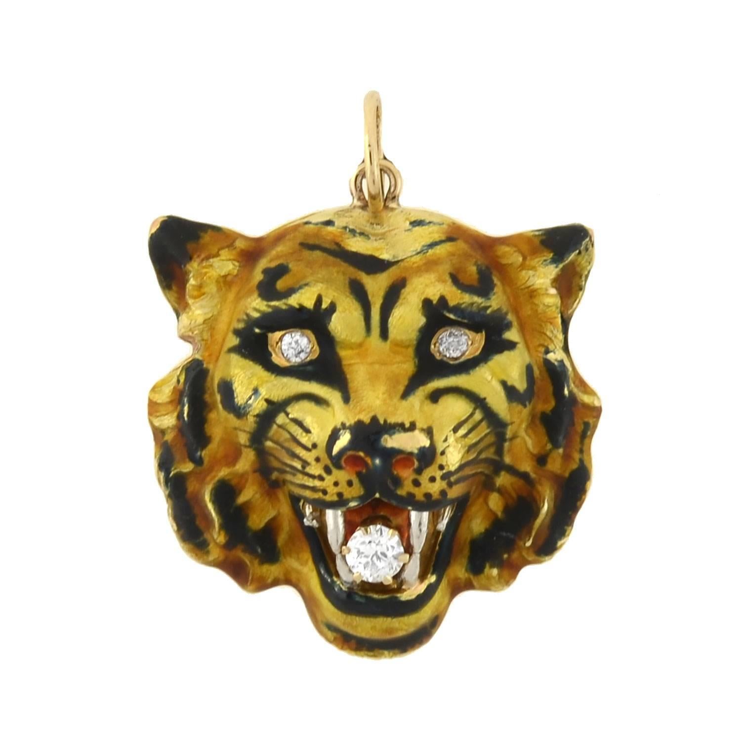 Victorian Diamond Enameled Tiger Pendant