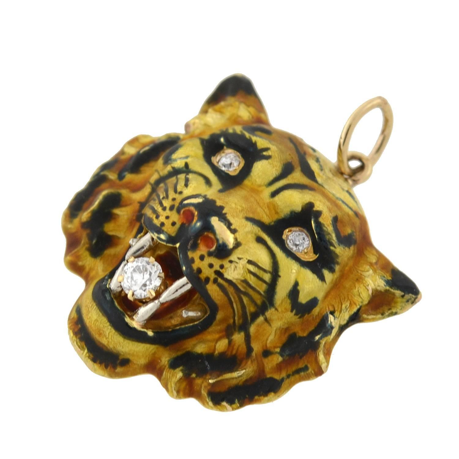 Victorian Diamond Enameled Tiger Pendant In Excellent Condition In Narberth, PA