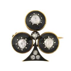Victorian French Black Enameled Diamond Trefoil Pin 12