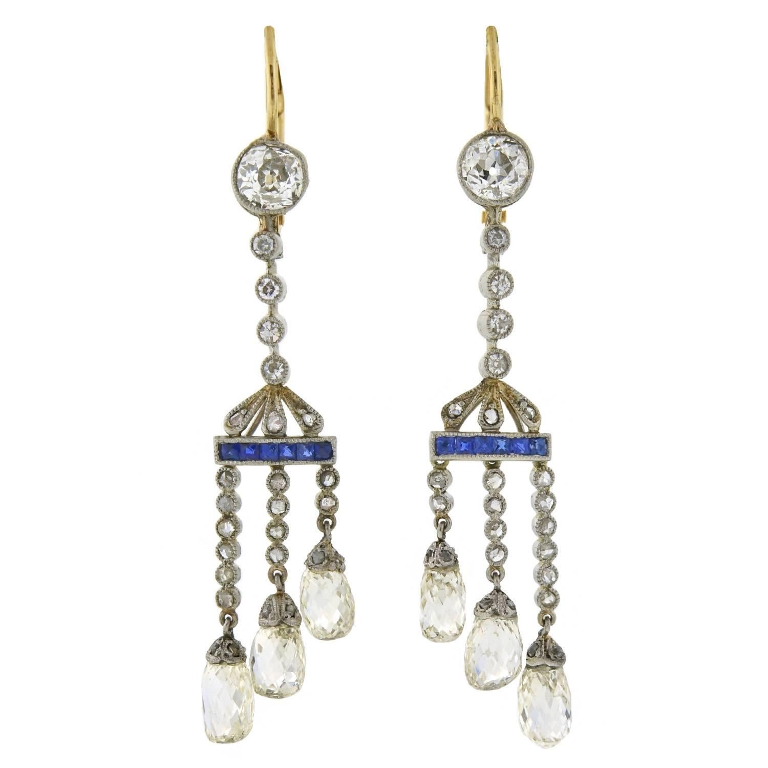 Edwardian Diamond Briolette Sapphire Earrings 3 Carat
