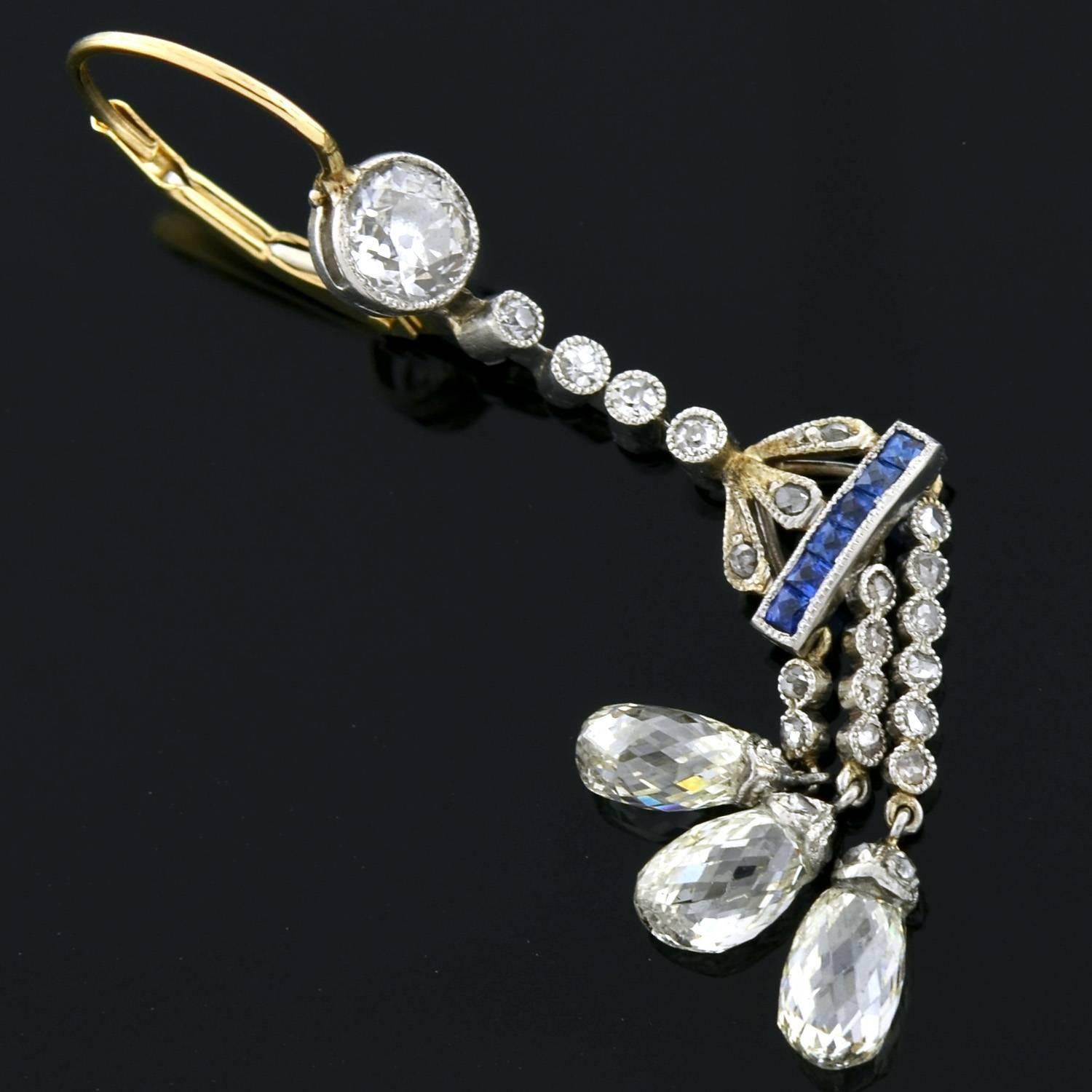 Women's Edwardian Diamond Briolette Sapphire Earrings 3 Carat