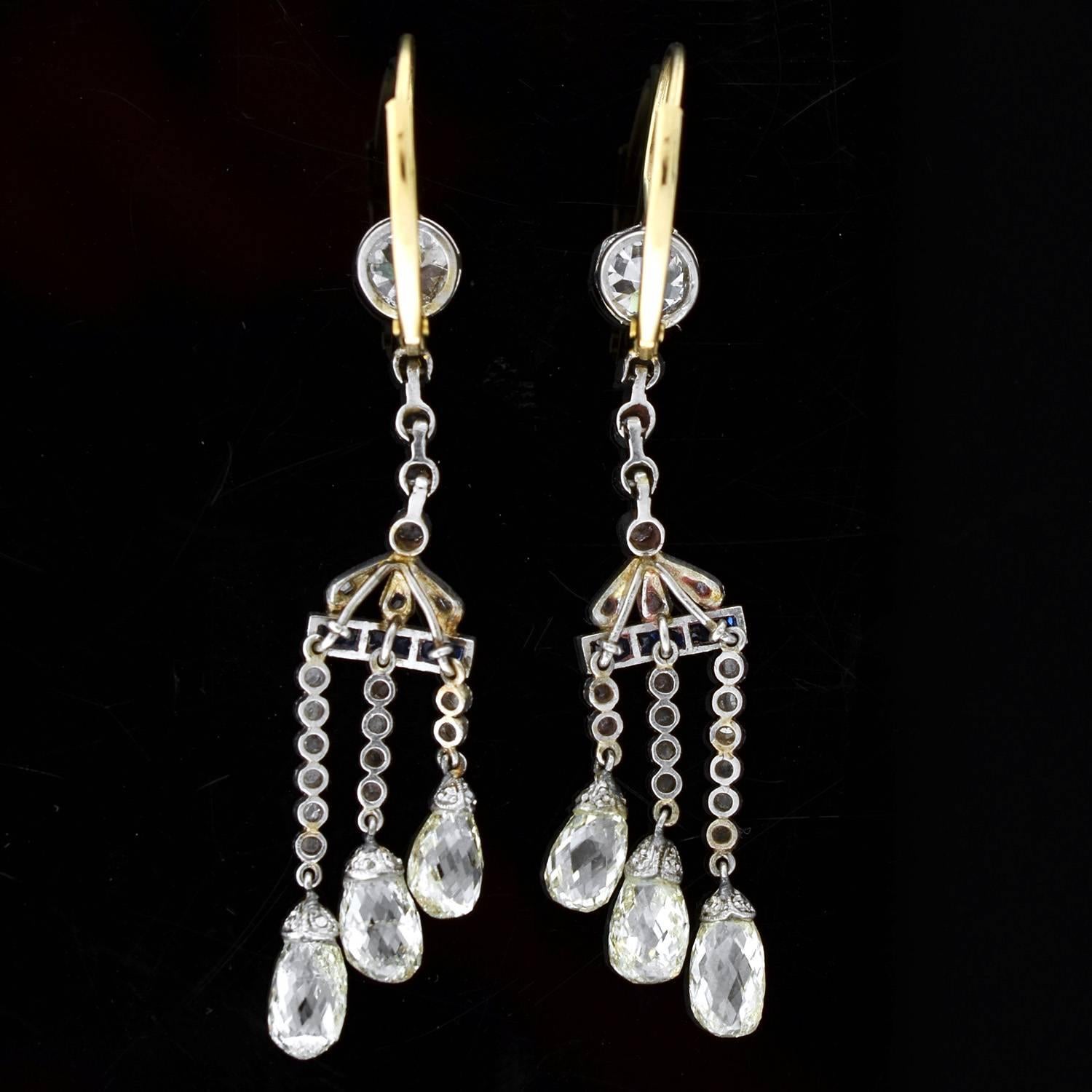 Edwardian Diamond Briolette Sapphire Earrings 3 Carat 1