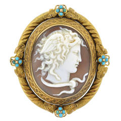 Victorian Carved Medusa Cameo Turquoise Gold Pin