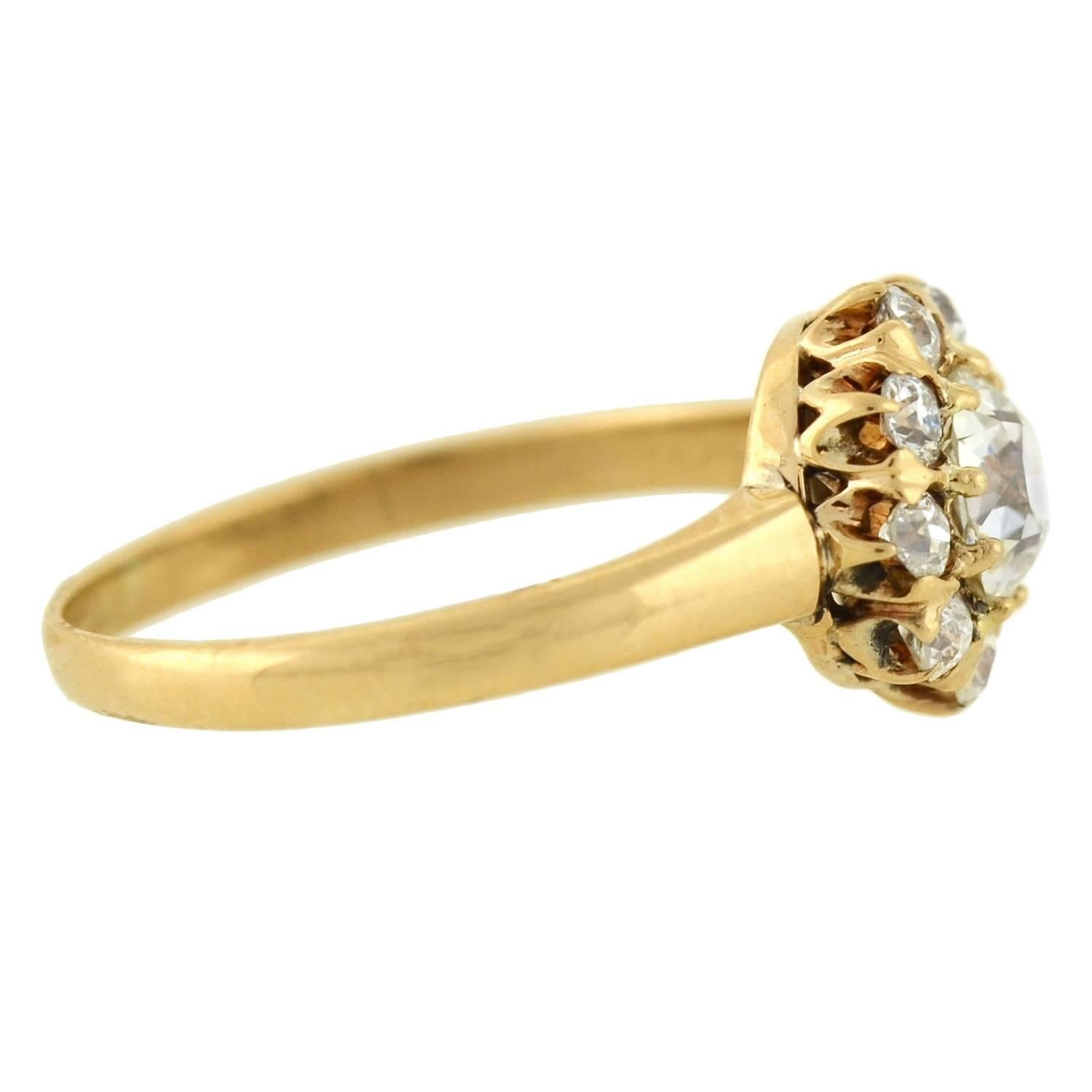 A beautiful diamond cluster ring from the Victorian (ca1880) era! This lovely 14kt gold ring holds a sparkling cluster of old Mine Cut diamonds at the center. Collectively, the diamonds have a total carat weight of approximately 1.05ctw. The center