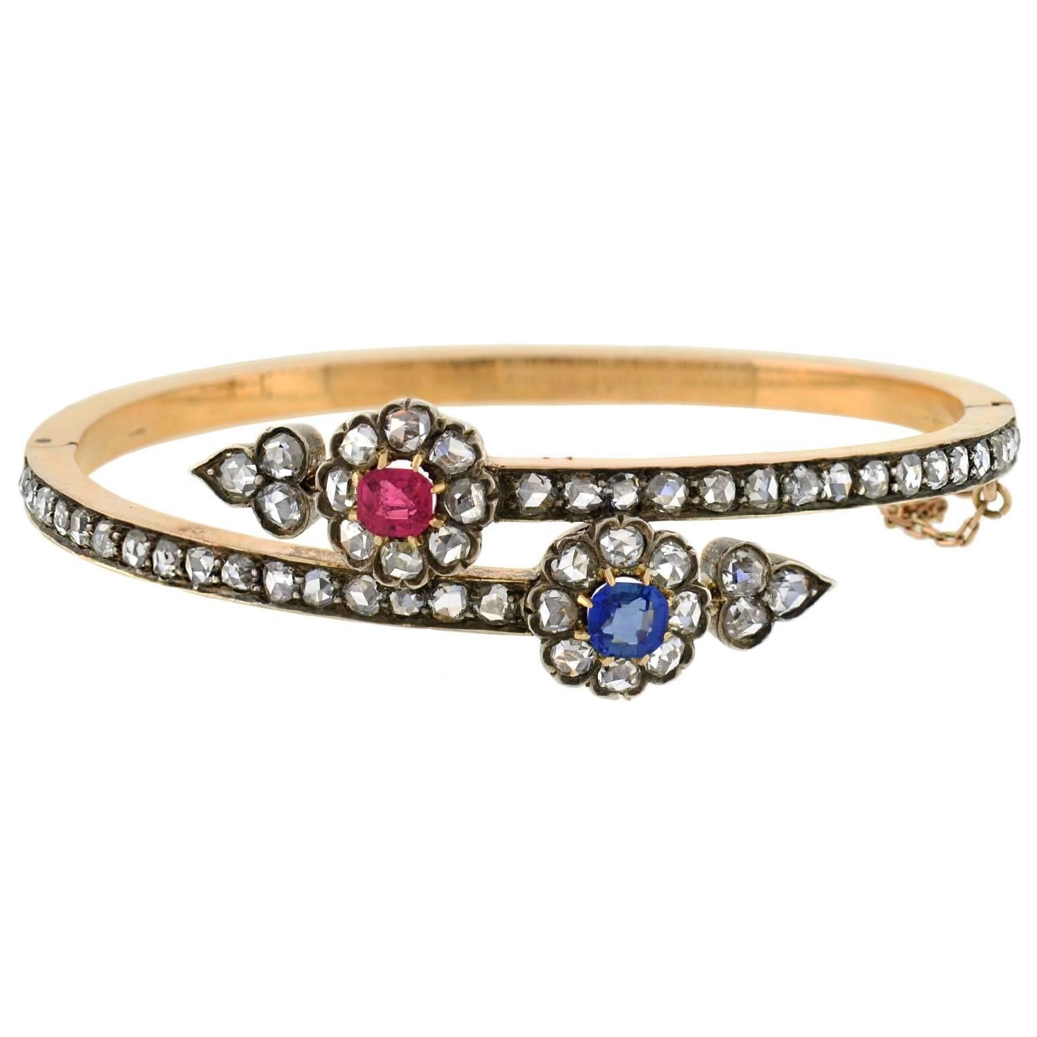 Victorian Ruby, Sapphire and Diamond Flower Bypass Bracelet