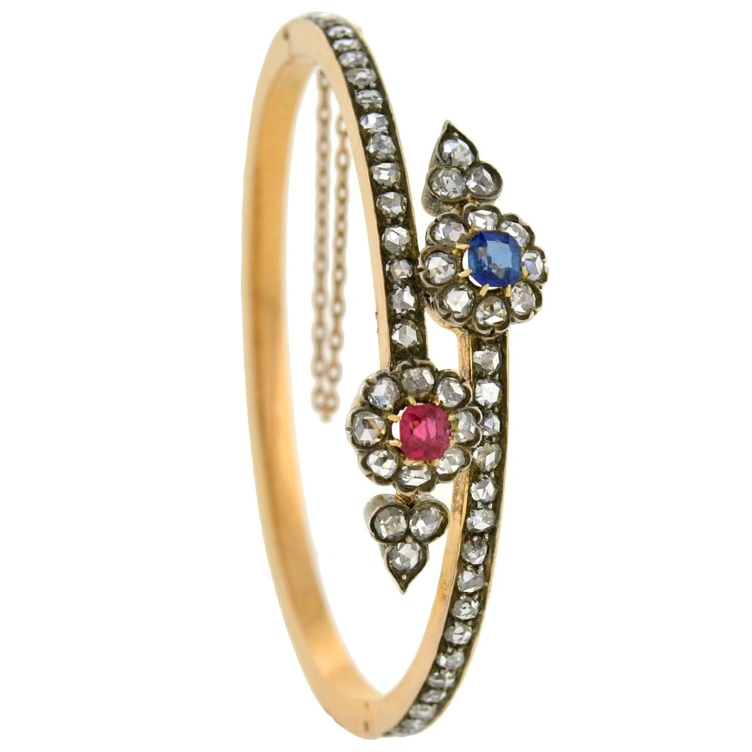 Victorian Ruby, Sapphire and Diamond Flower Bypass Bracelet 2