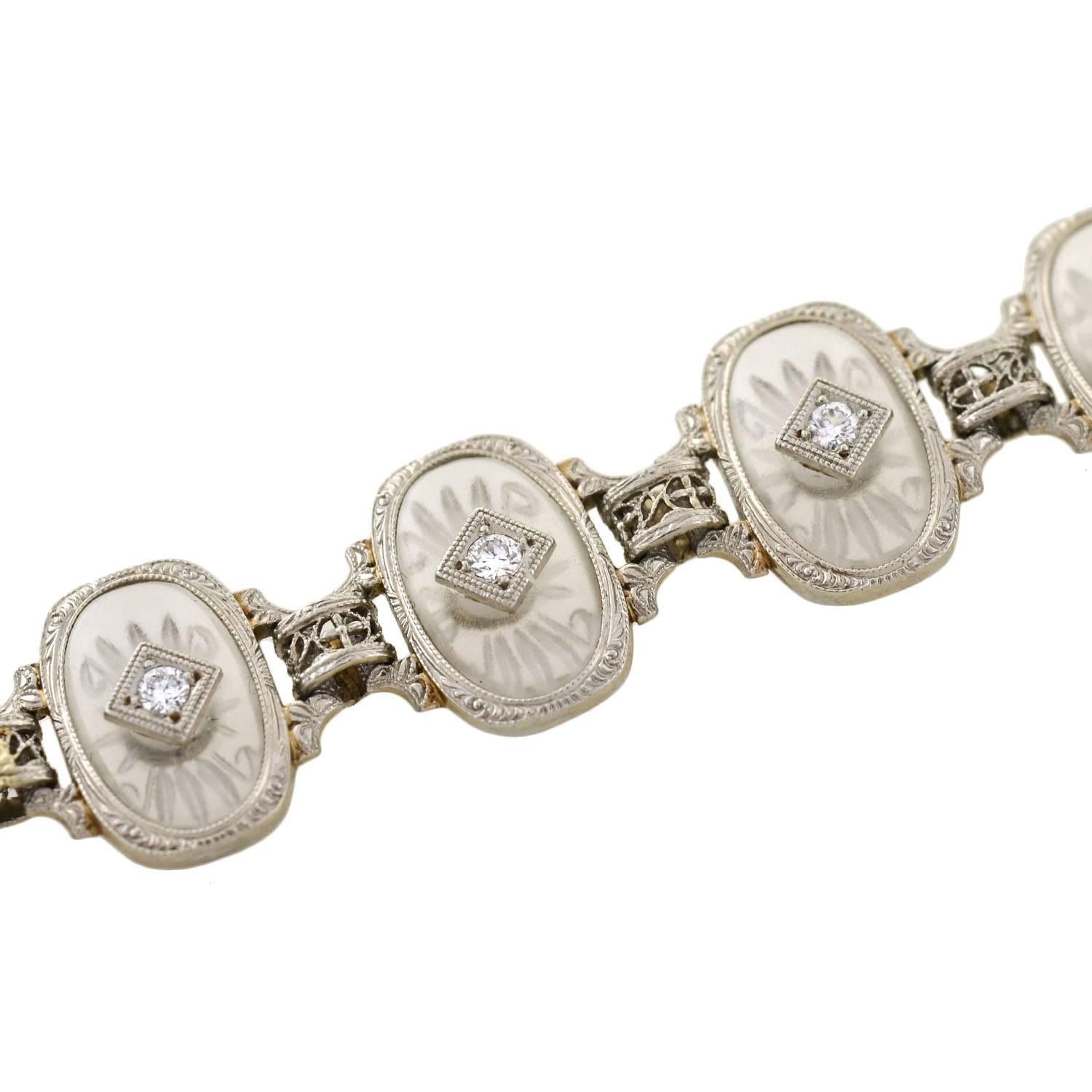 Krementz Art Deco Reverse geschnitztes Bergkristall-Diamant-Gliederarmband im Zustand „Hervorragend“ im Angebot in Narberth, PA