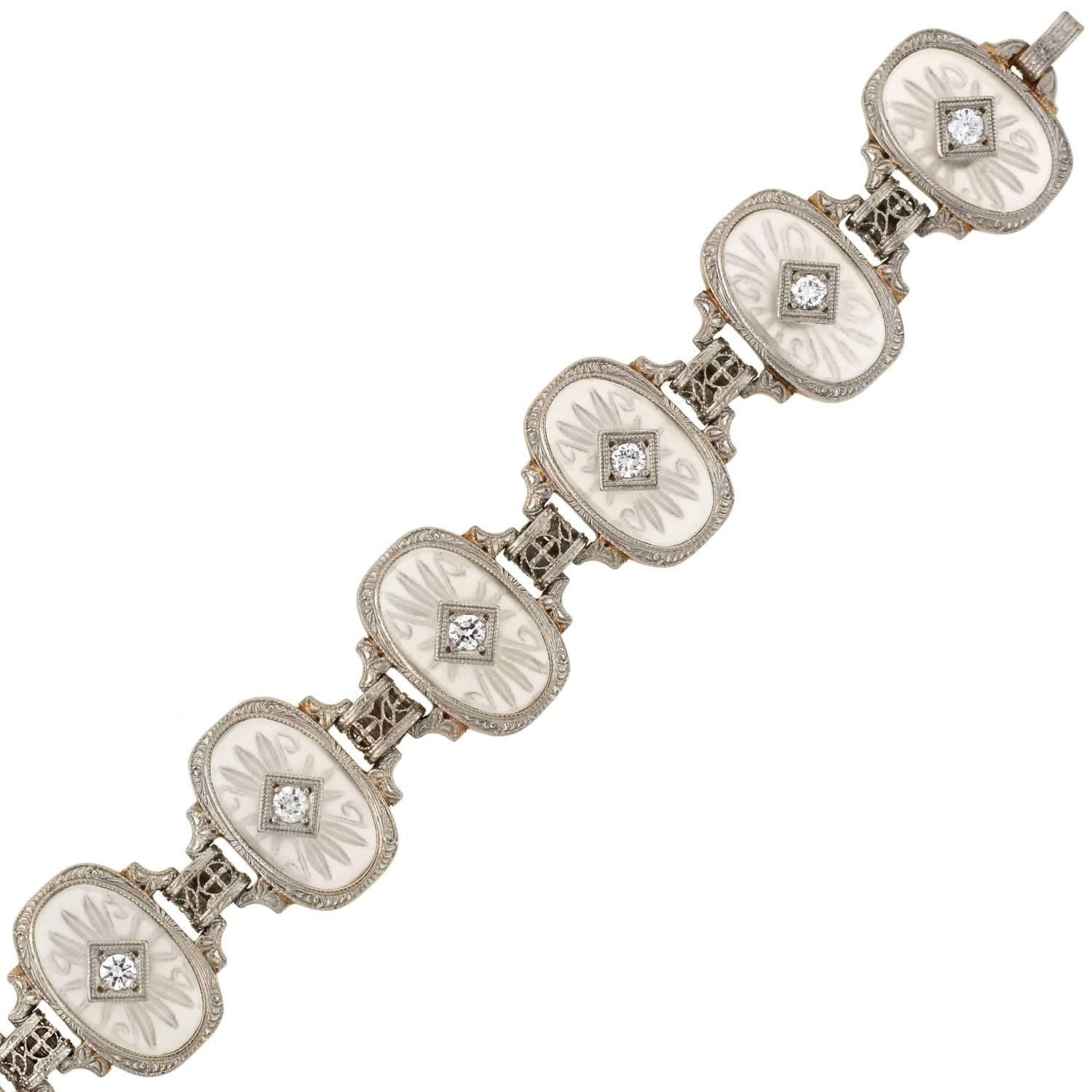 Krementz Art Deco Reverse geschnitztes Bergkristall-Diamant-Gliederarmband (Art déco) im Angebot