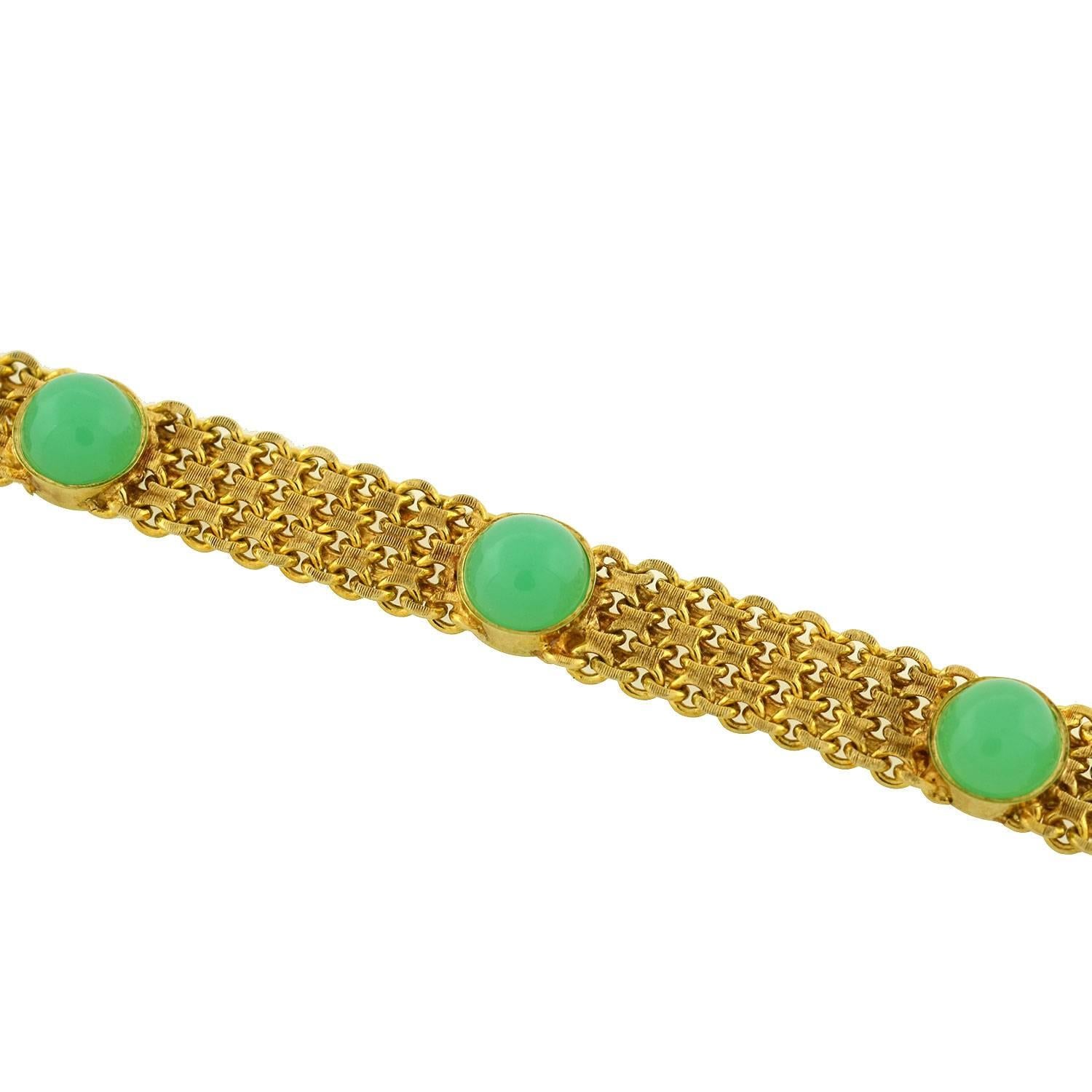 Contemporary Vintage Chrysoprase Cabochon Gold Chainmail Bracelet