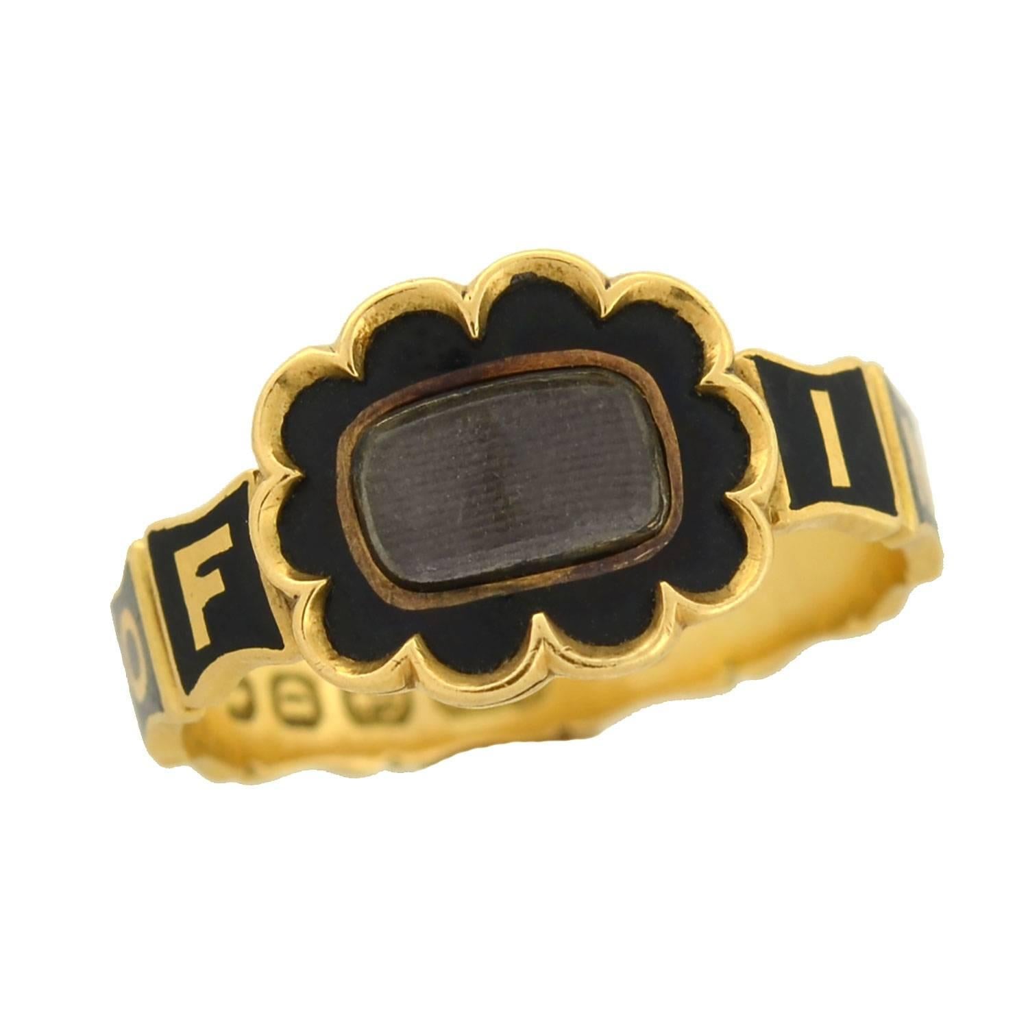 Early Victorian English Mourning Ring with Enameling and Woven Hair For Sale 1