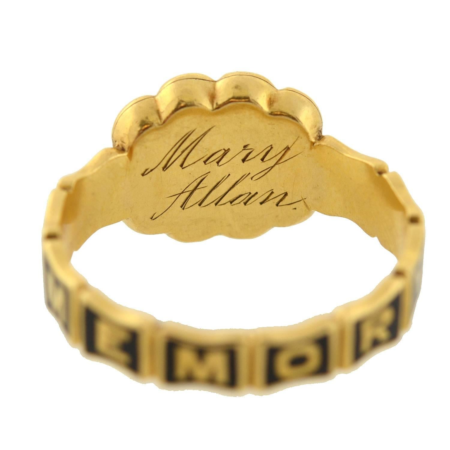 Women's or Men's Early Victorian English Mourning Ring with Enameling and Woven Hair For Sale