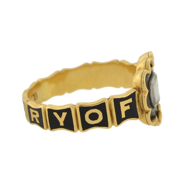 Women's or Men's Early Victorian English Mourning Ring with Enameling and Woven Hair For Sale