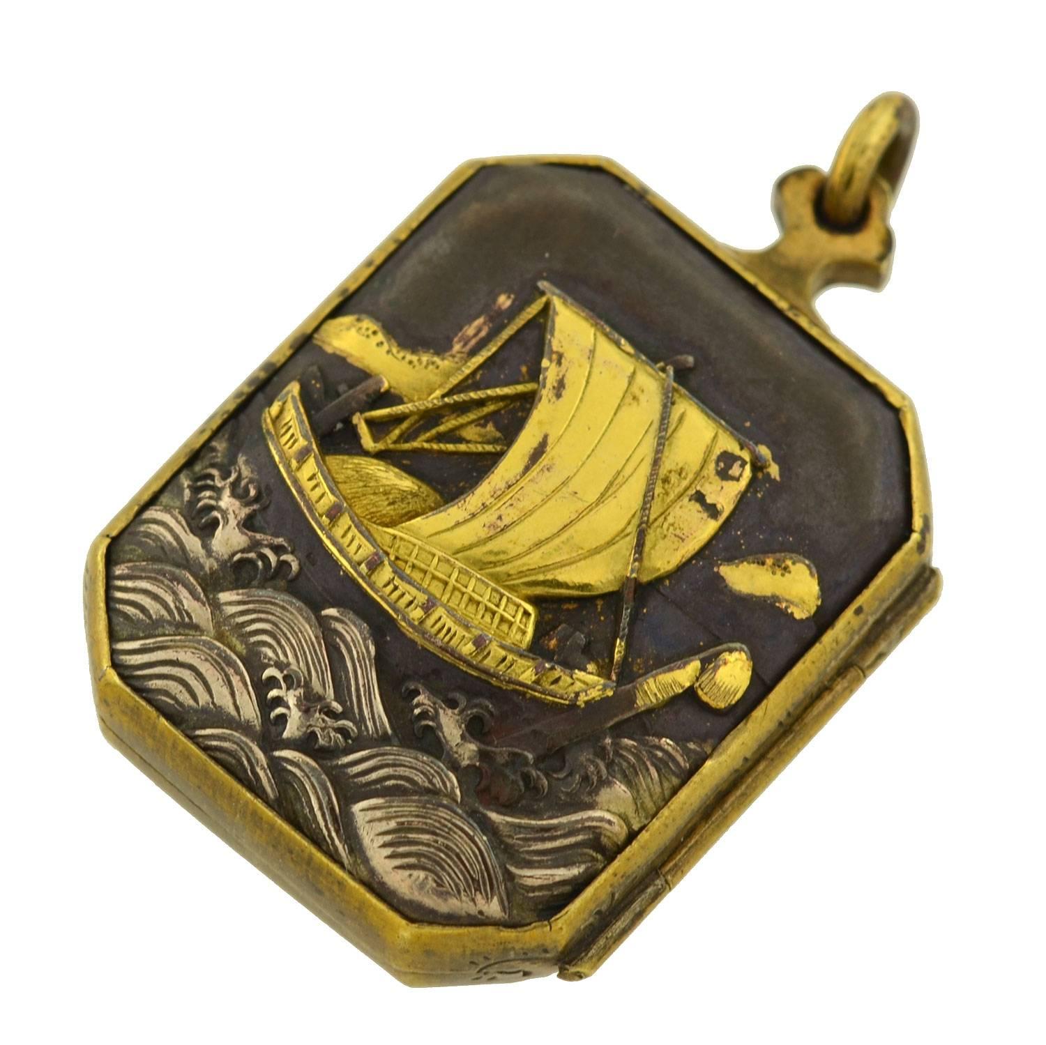 Women's or Men's Victorian Japanese Shakudo Carriage and Sailboat Locket