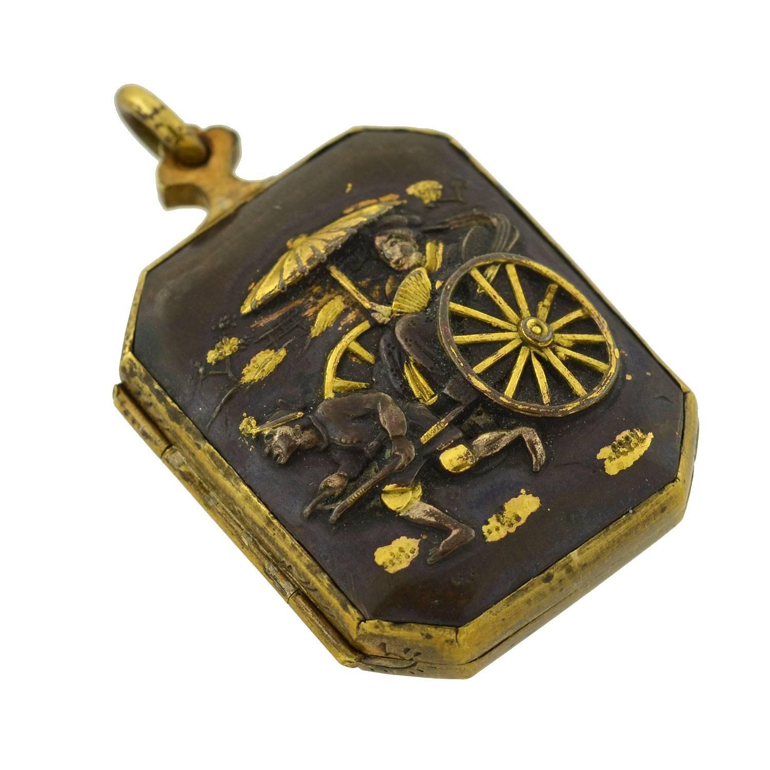 Victorian Japanese Shakudo Carriage and Sailboat Locket In Excellent Condition In Narberth, PA