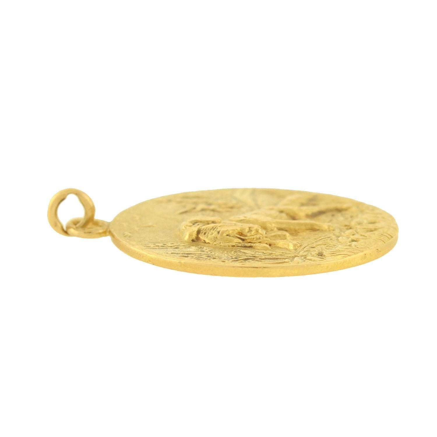 Women's or Men's Cartier Edwardian Gold Disc Pendant with Hunting Dog Motif
