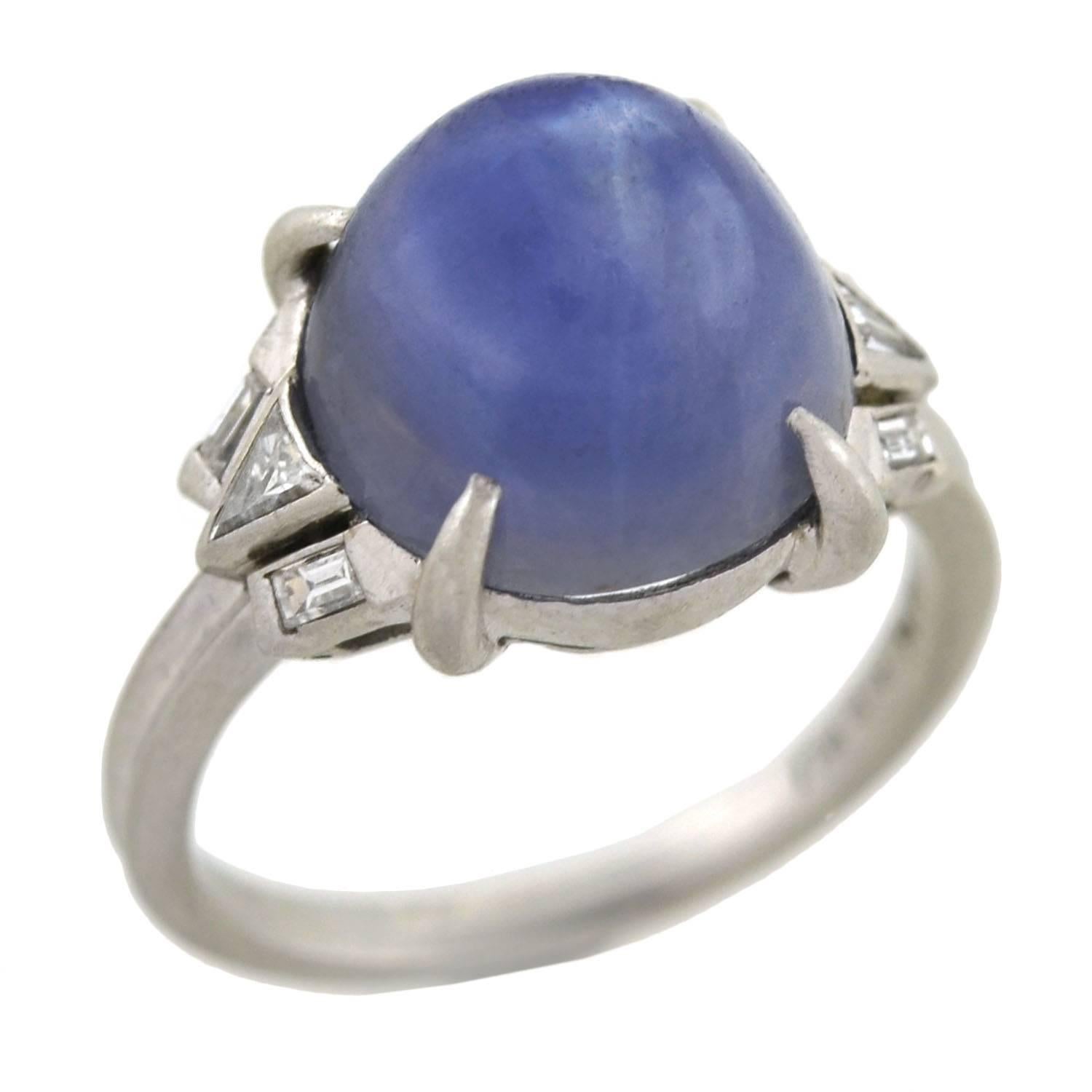 Trillion Cut Art Deco 4.50 Total Carat Star Sapphire Cabochon and Diamond Ring For Sale