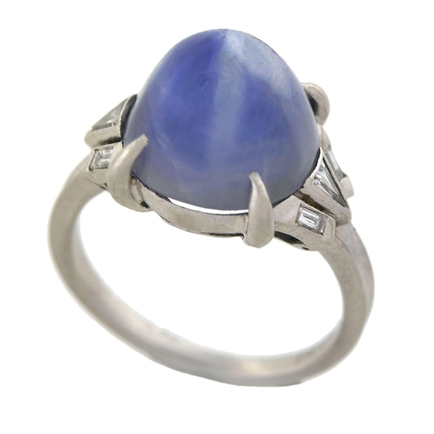 Art Deco 4.50 Total Carat Star Sapphire Cabochon and Diamond Ring In Good Condition For Sale In Narberth, PA
