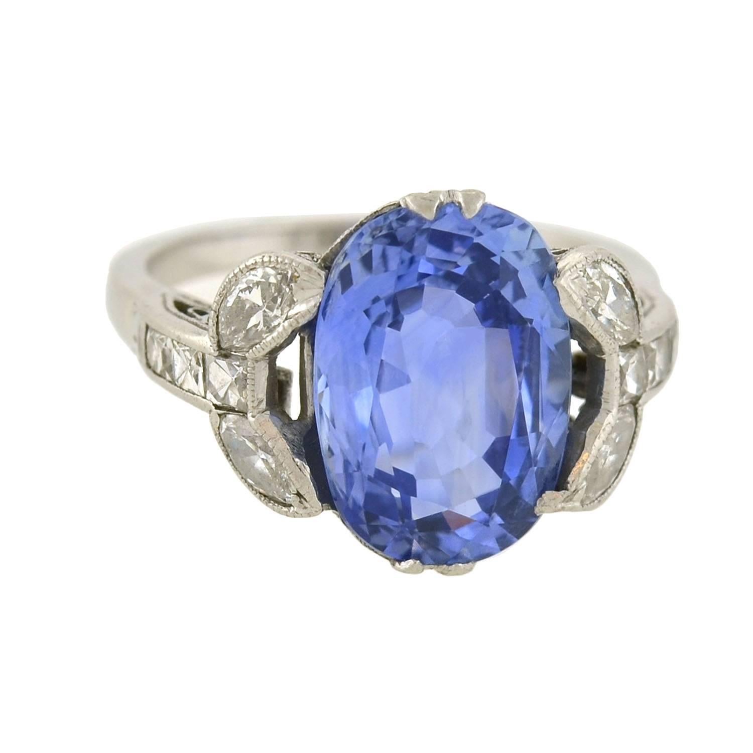 Art Deco GIA Certified 4.15 Carat Natural Sapphire and French Cut Diamond Ring