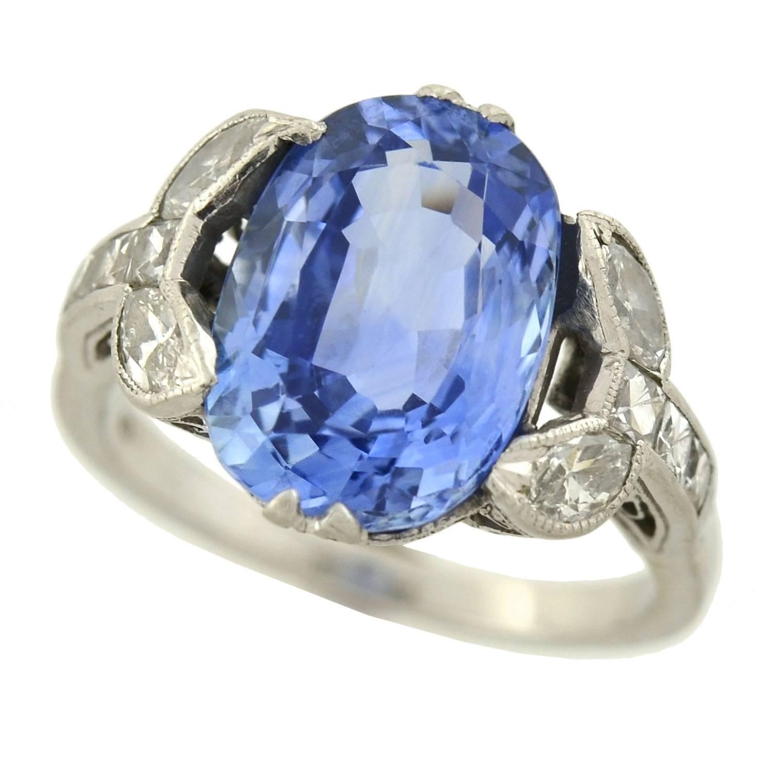 Women's Art Deco GIA Certified 4.15 Carat Natural Sapphire and French Cut Diamond Ring