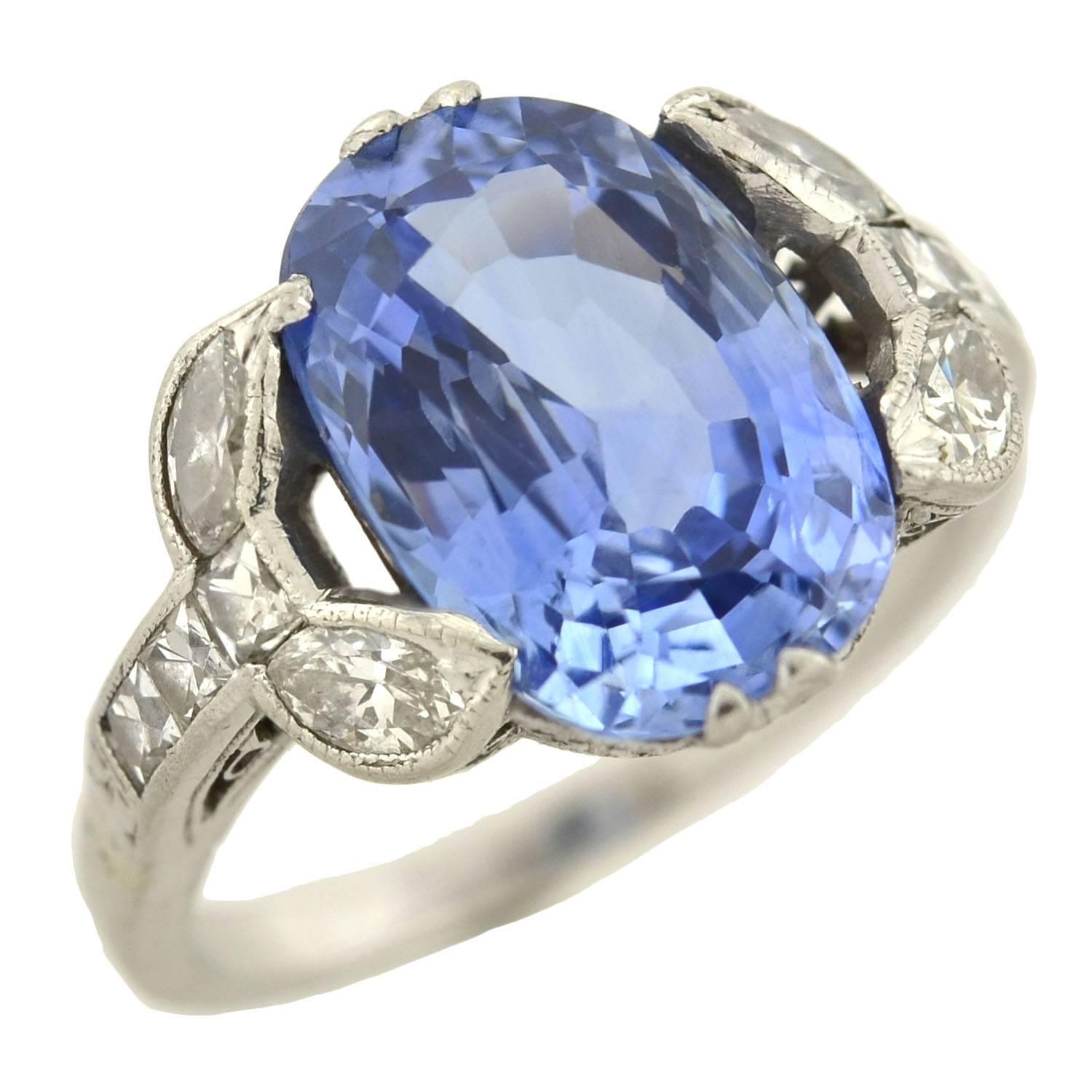 Art Deco GIA Certified 4.15 Carat Natural Sapphire and French Cut Diamond Ring 1