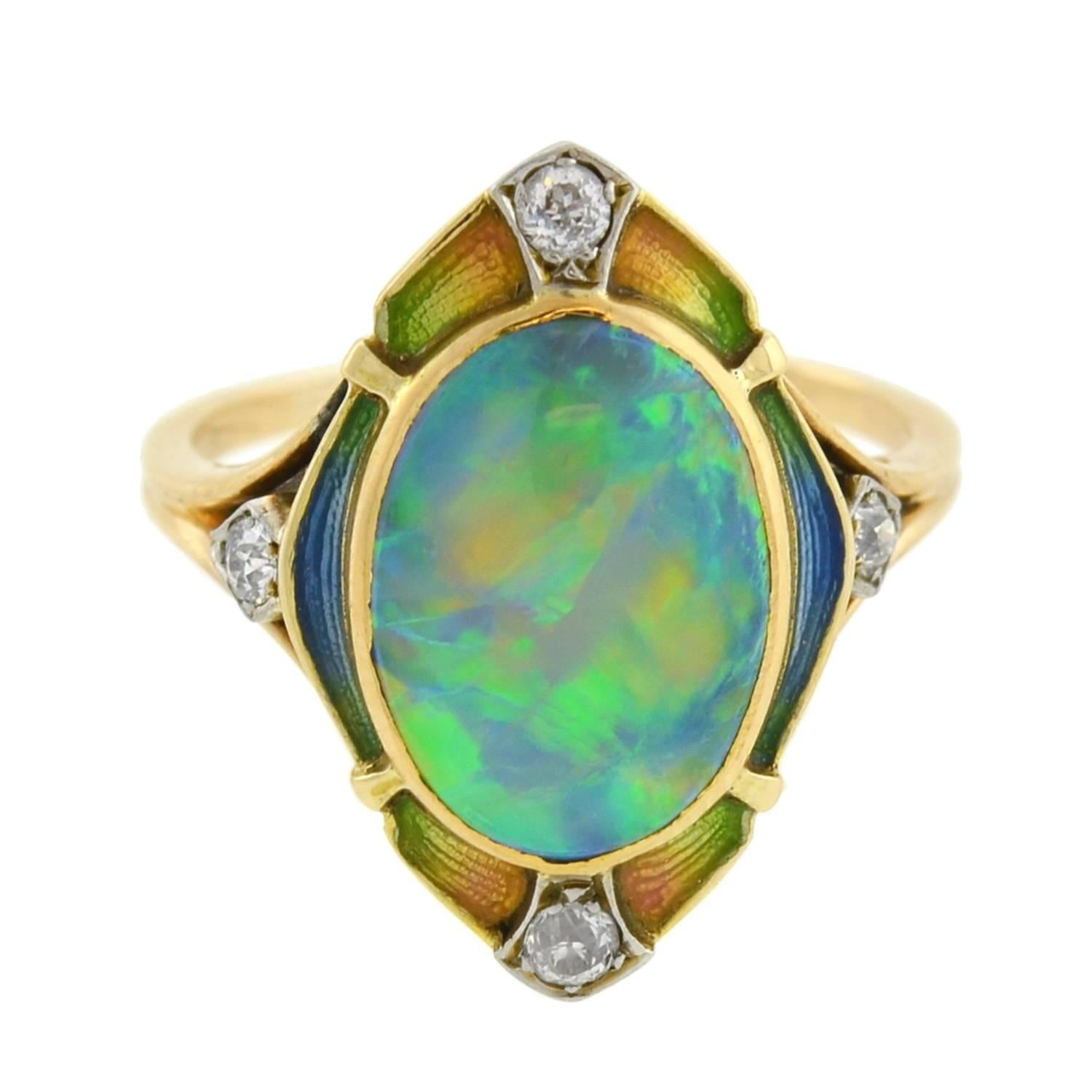 Art Nouveau Black Opal Diamond Enameled Ring In Excellent Condition In Narberth, PA