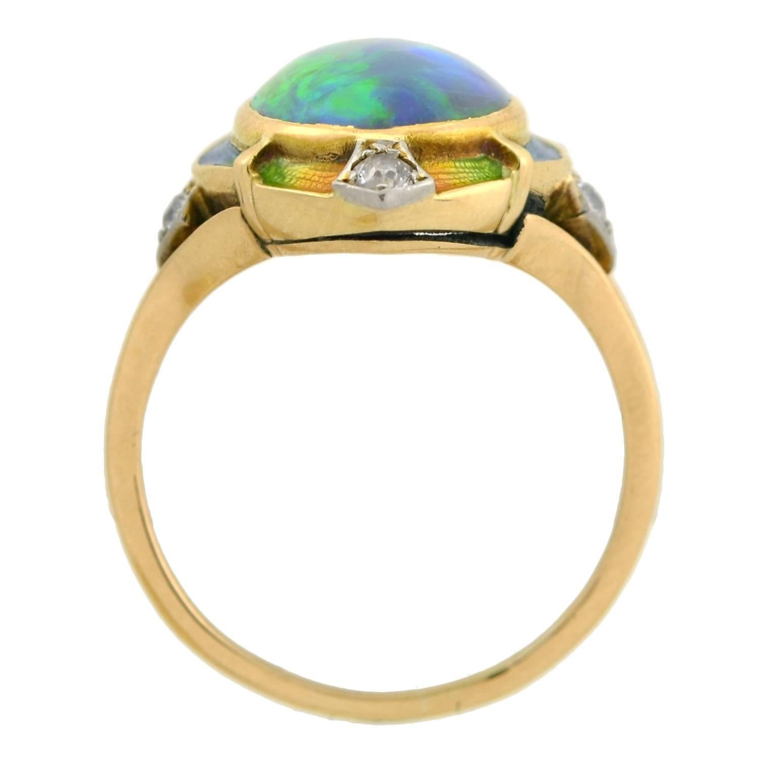 Women's Art Nouveau Black Opal Diamond Enameled Ring