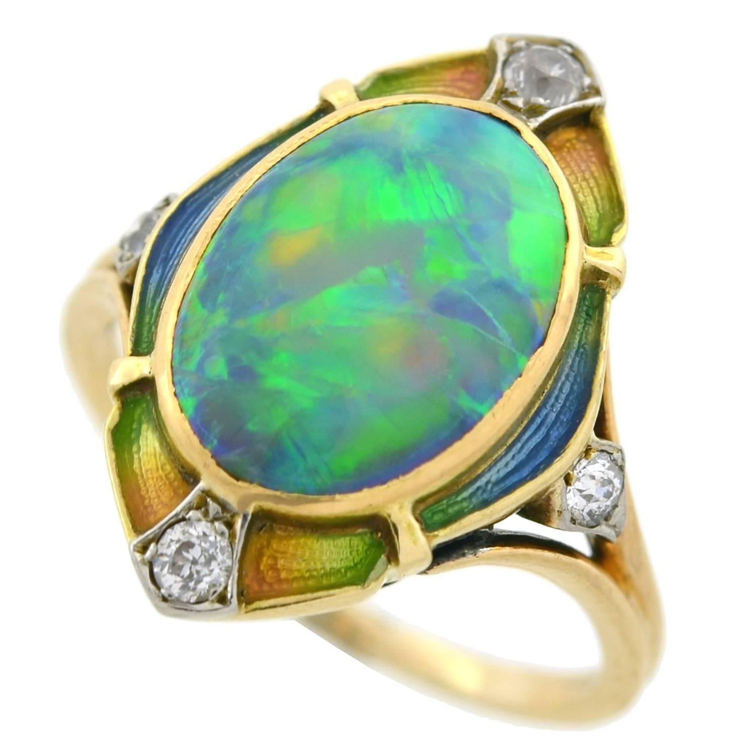 Art Nouveau Black Opal Diamond Enameled Ring 1