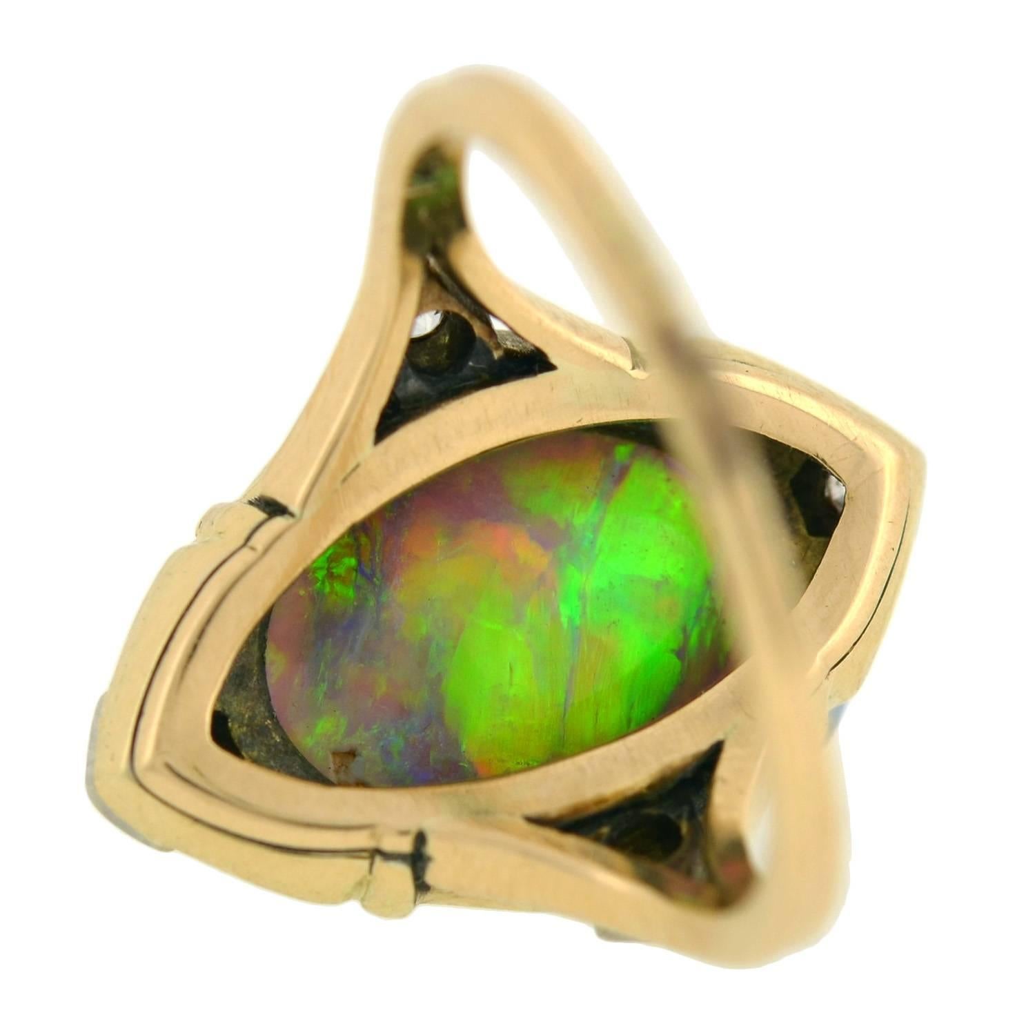 Art Nouveau Black Opal Diamond Enameled Ring 2
