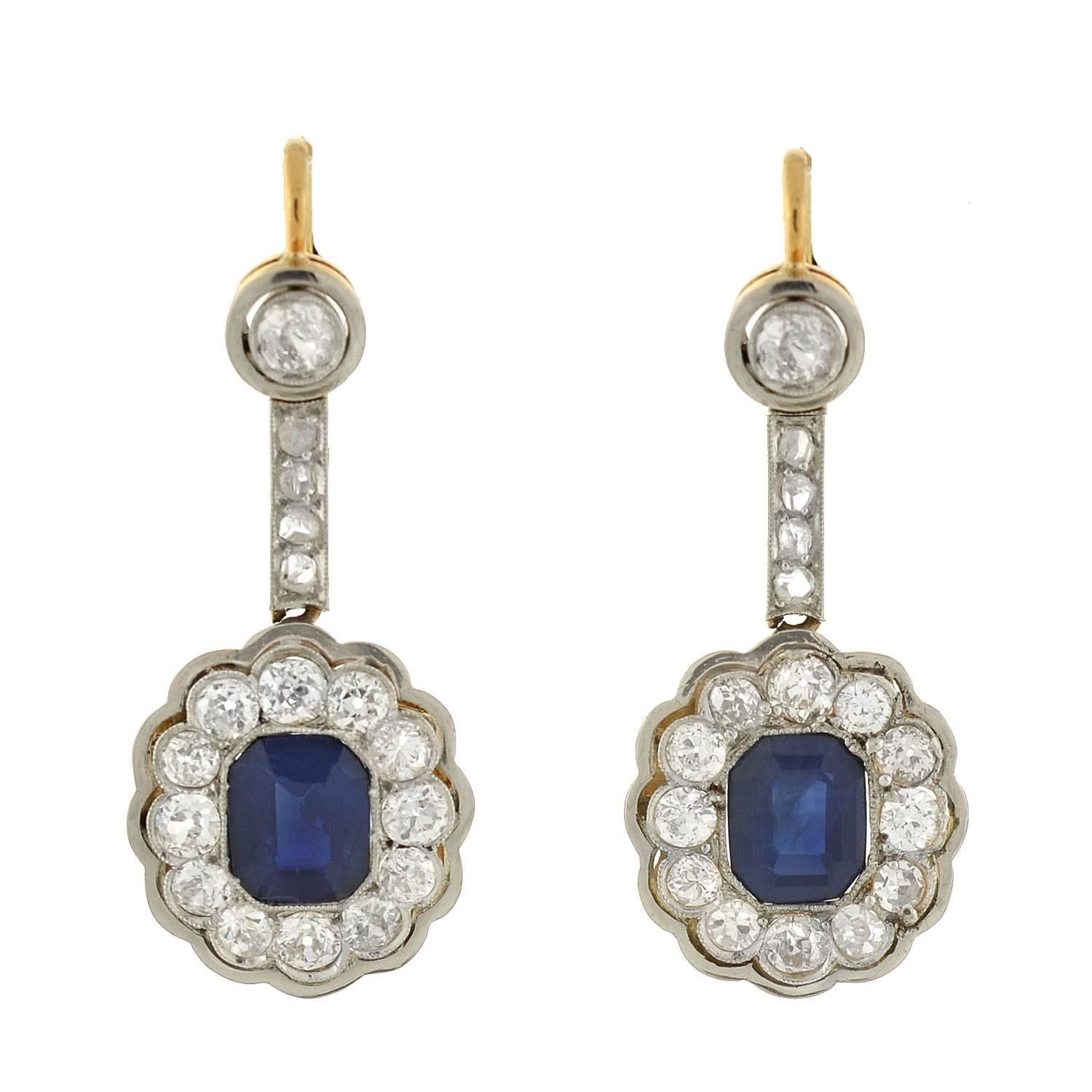 Edwardian Sapphire Diamond Cluster Earrings