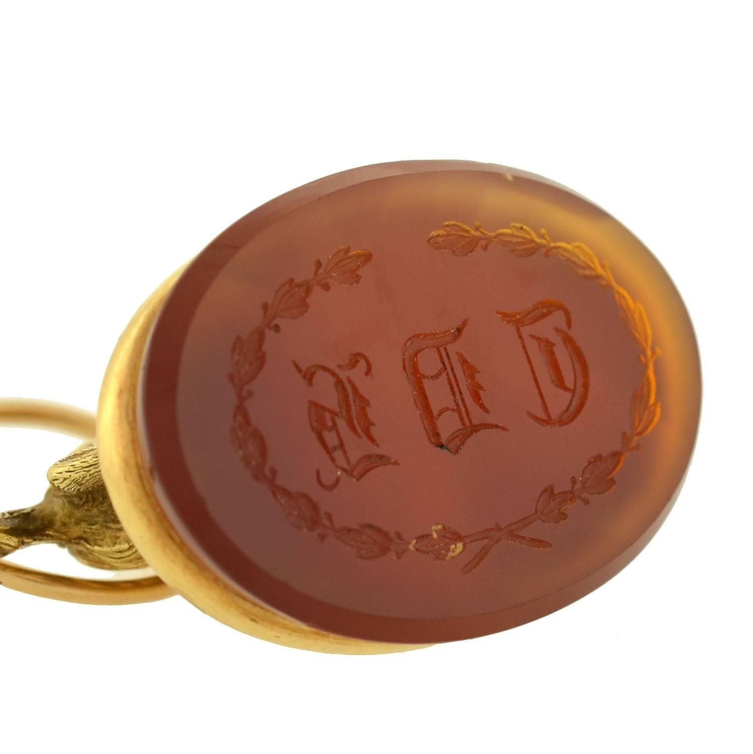 Cabochon Victorian Substantial Hand-Carved Carnelian Seal Pointer Dog Fob Pendant For Sale